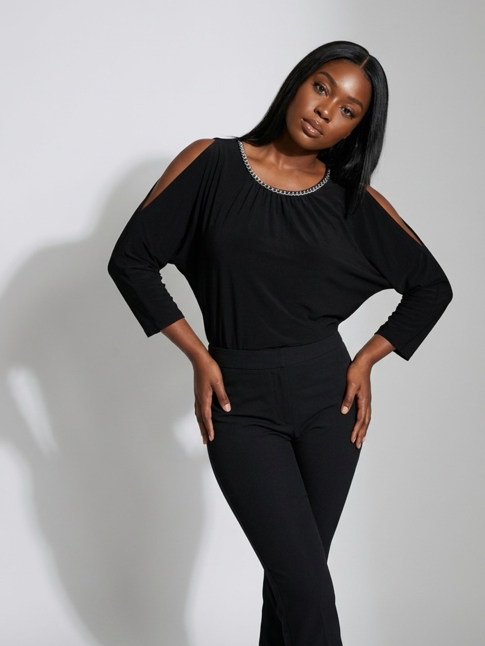 7th Avenue XS Black Cold Shoulder Blouse Stretch Career Office Top Elegant Chic